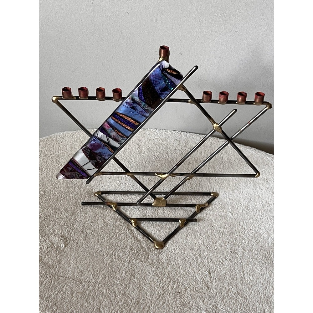 Gary Rosenthal Presidental Menorah Star of David Copper, Steel & Fused Glass